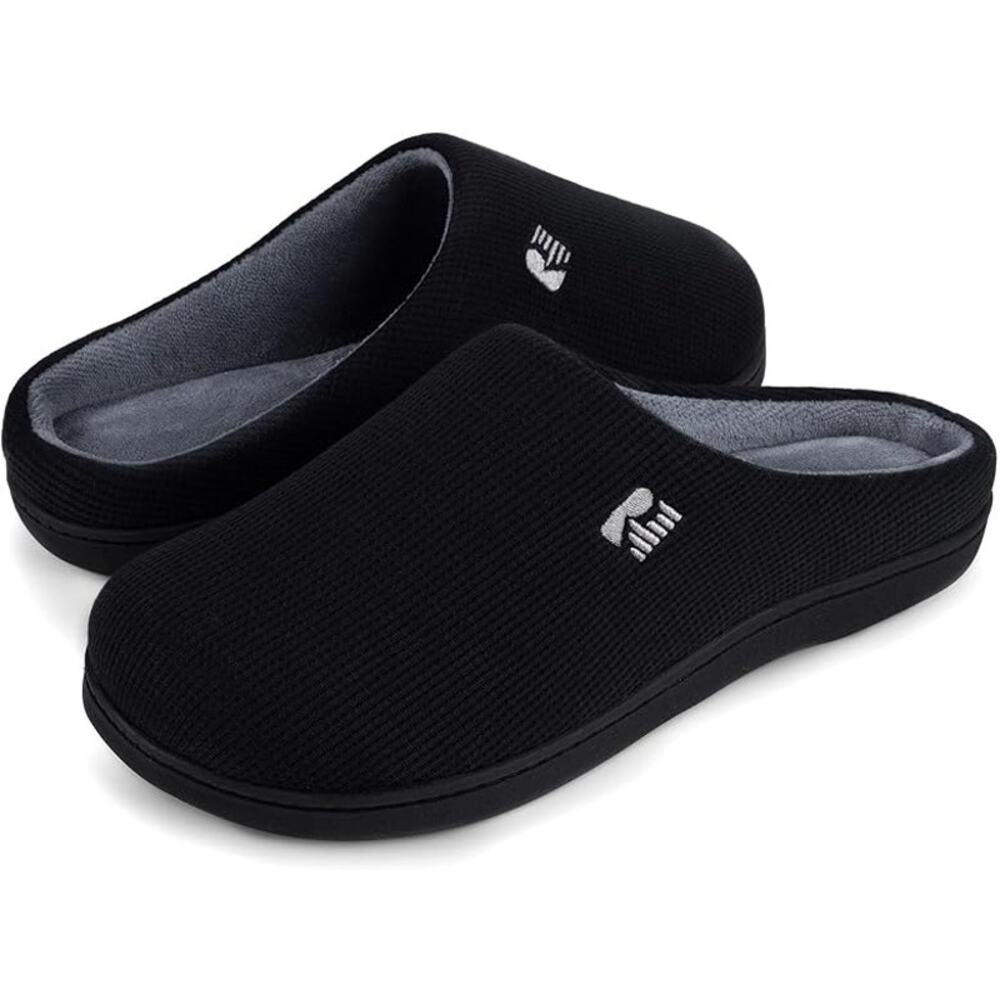 RockDove Mens Size 9-10 Black Gray Slippers Slip on Round Toe House Shoes